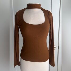 Brown Long Sleeve Cutout Top